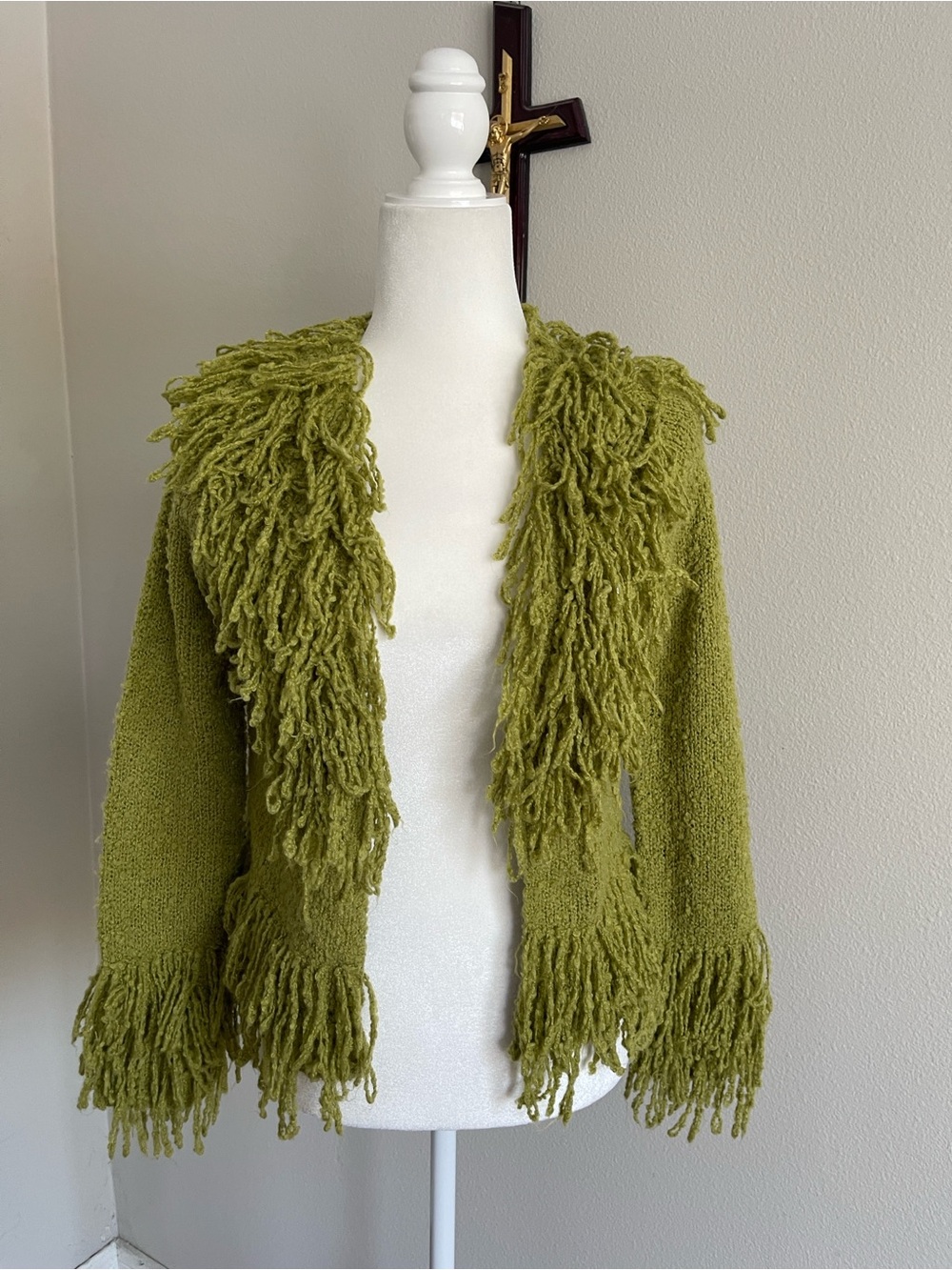 Fringed Olive Green Knit Cardigan Sweater